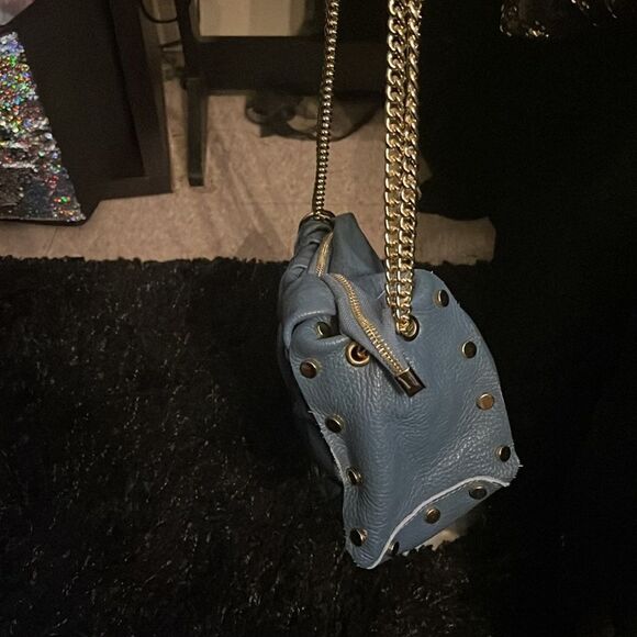 Valentina Fiore blue weave gold stud chain Italian leather shoulder bag - Picture 7 of 12